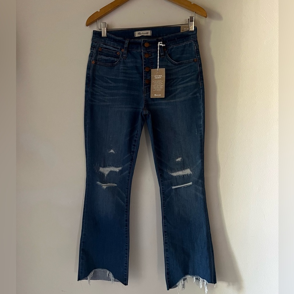 NWT Madewell Cali Demi Boot Distressed Jeans Sz 28 Raw Hem Button Fly New - Picture 1 of 15